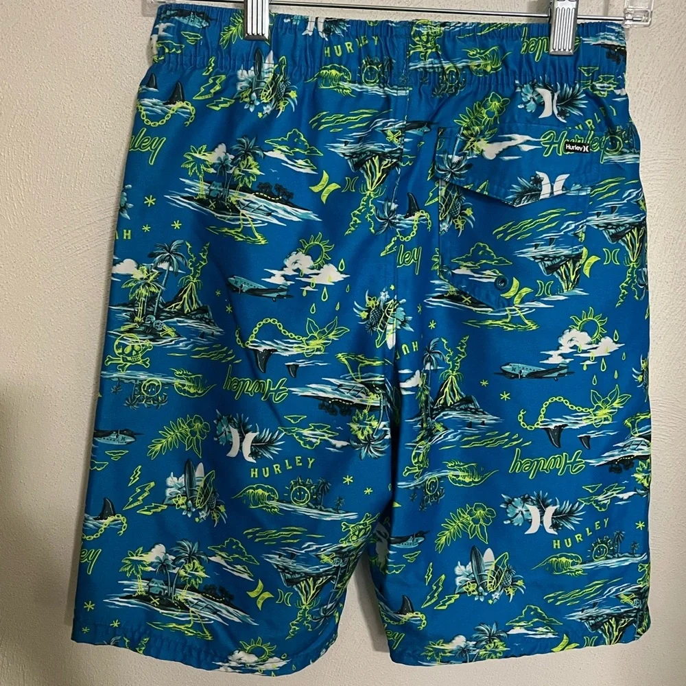 HURLEY Classic Doodle Isle Drawstring Board Shorts Swim Trunks Blue Green Boys L